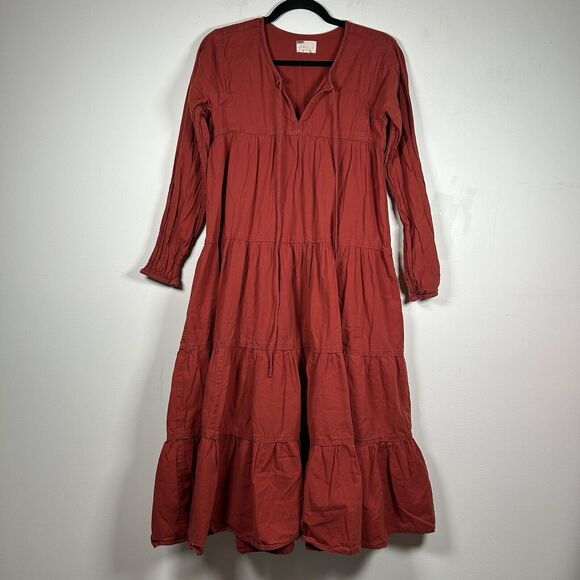 Maelu Anthropologie Willow Red Maxi Dress Tiered Boho Women's Size Small